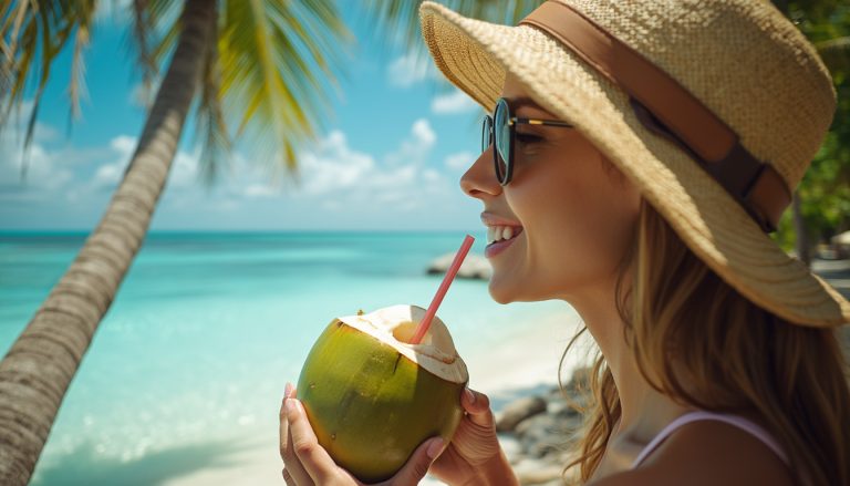 un voyageur bois un noix de coco